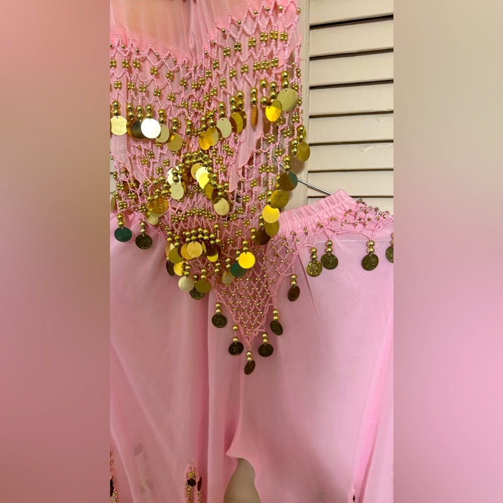 Dance Suit. 2 Pieces. Pink. pant . Top. Vogue Style Chiffon Dangling Gold Coins